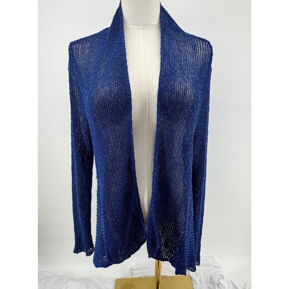 Eileen Fisher Open Knit Cardigan Sweater Blue Long Sleeve Lightweight L Large - Picture 1 of 9